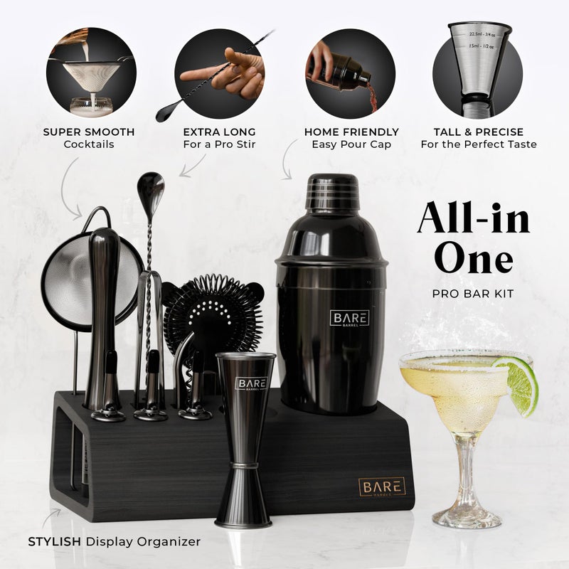 BARE BARREL Mixology Bartender Kit Bar Set | 14-Piece Cocktail Shaker Set | Martini Barware Mixing Tools for Home Bartending | Incl. 35 Recipe Cards | Gift Set (24oz Cobbler Shaker  Jet Black/Black) - Image 2